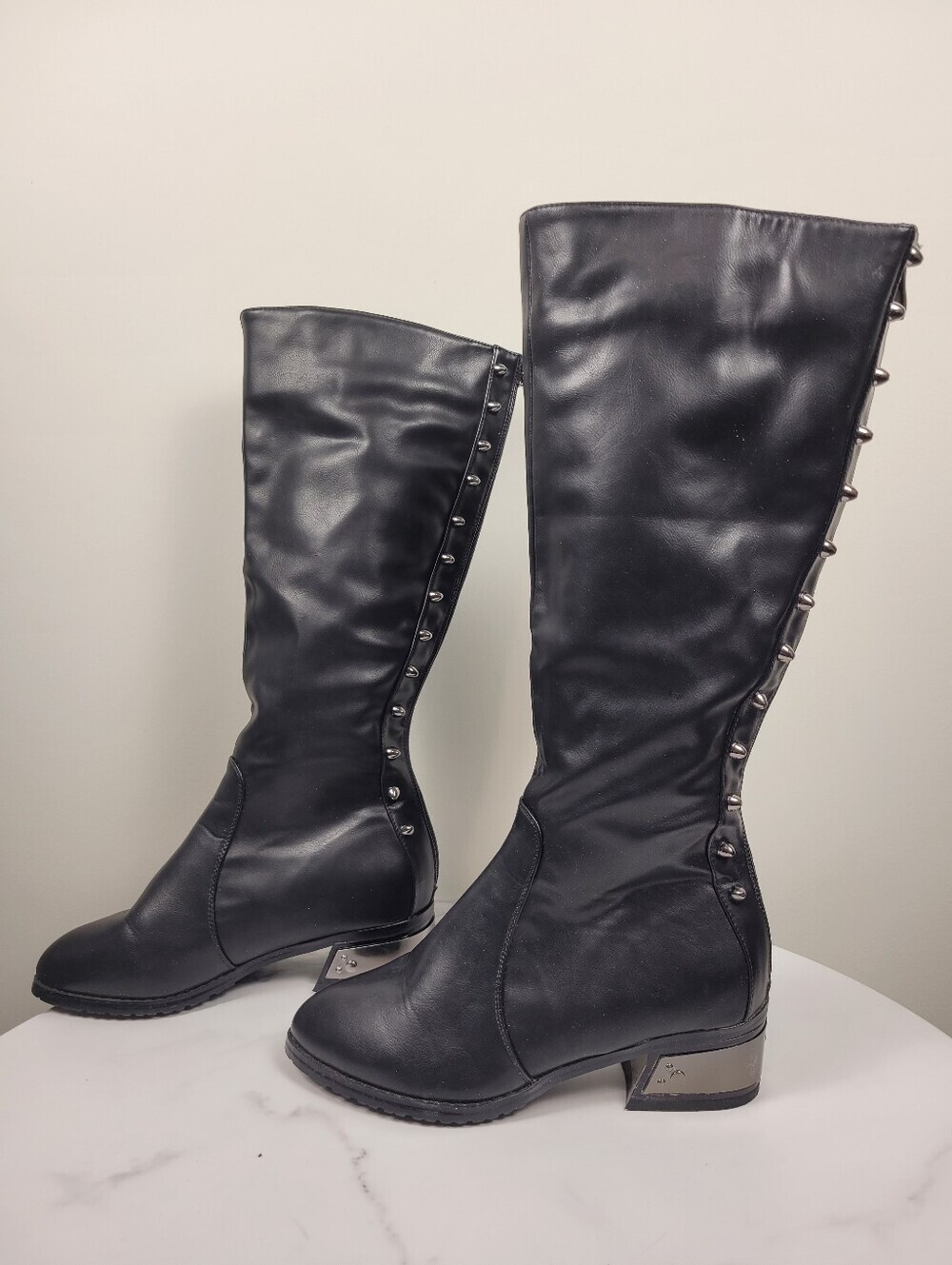 Y2K Black Leather Silver Stud Zip Up Boots Shoes Size: 7.5US